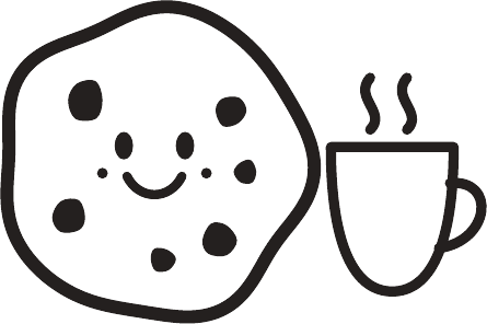 Cookie sonriente junto a una taza de café